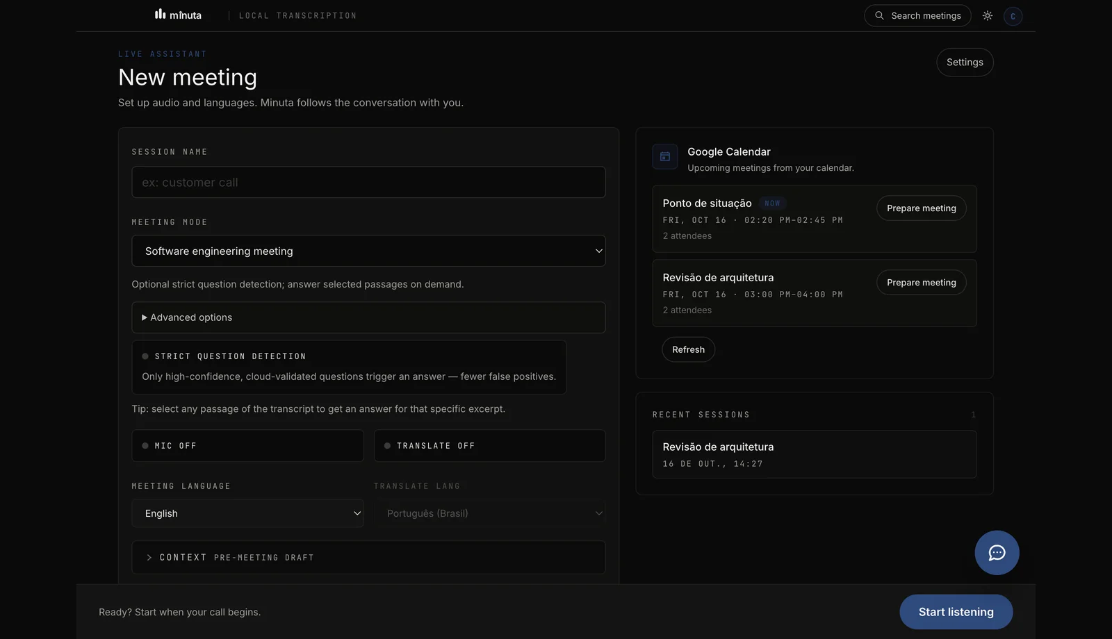 Google Calendar panel in Minuta with upcoming events and Prepare meeting buttons, using demonstration data