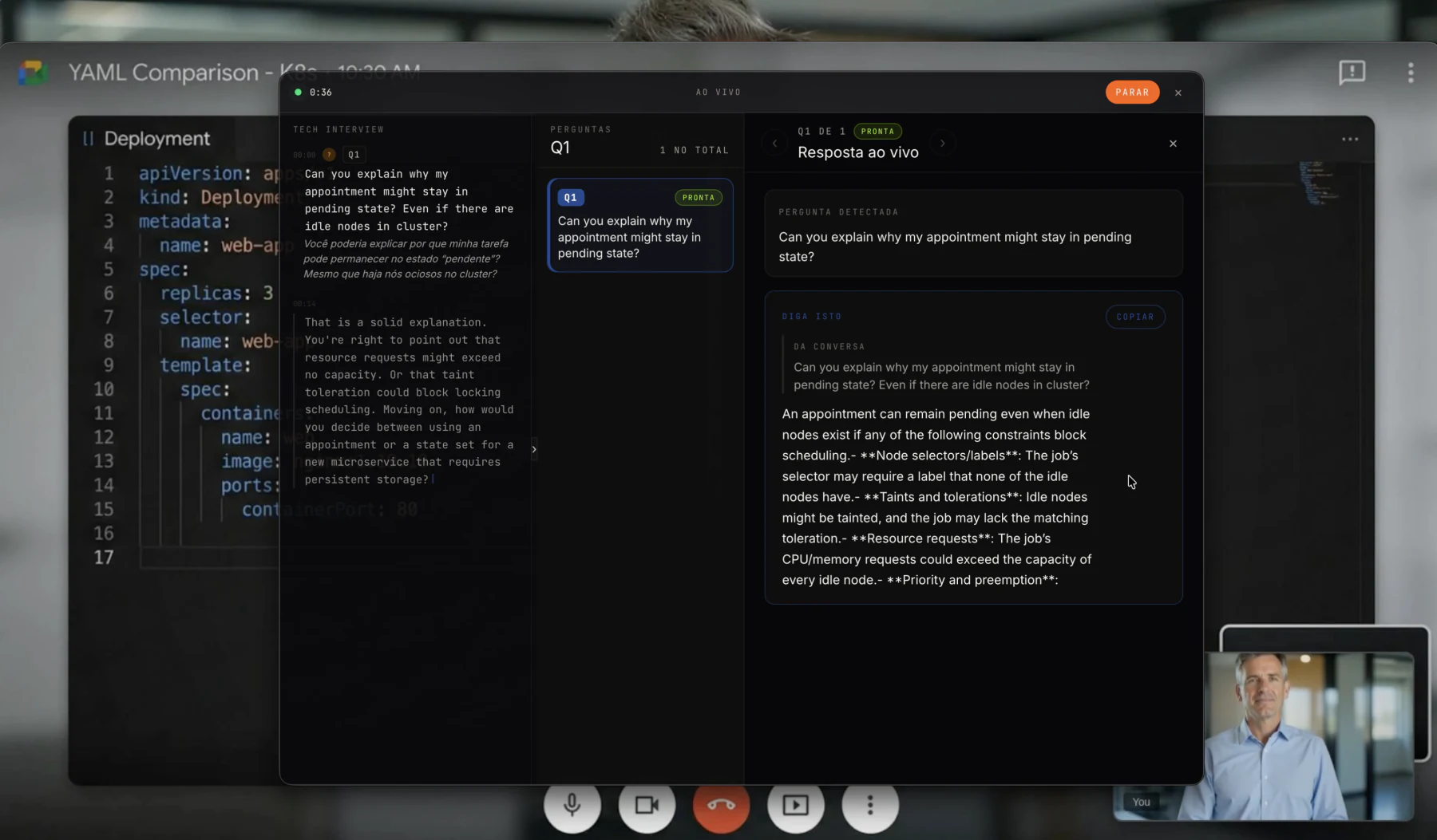 Current Minuta app over a Google Meet call, showing the first detected question and a live suggested answer.