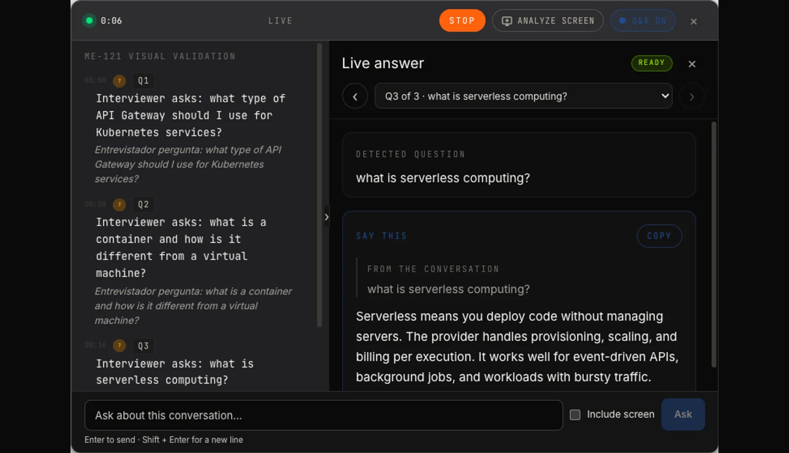 English Minuta interface following a synthetic technical meeting with English questions, Portuguese translations and answers in two columns
