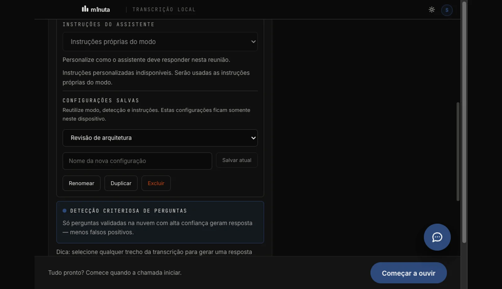 Saved Minuta configuration with a meeting mode and strict question detection