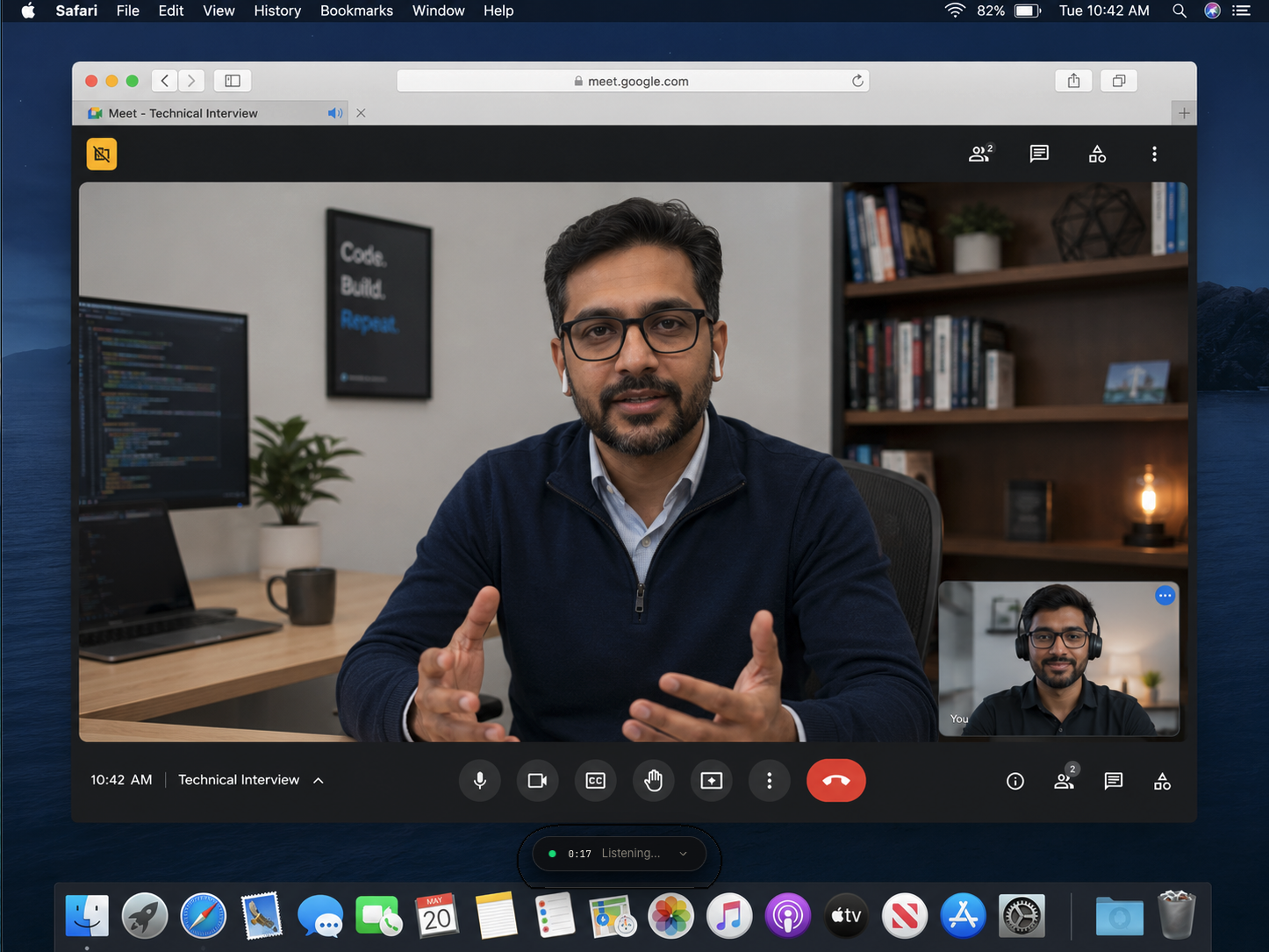 Google Meet aberto com o mini controle do Minuta ouvindo a reunião sem adicionar bot à chamada.