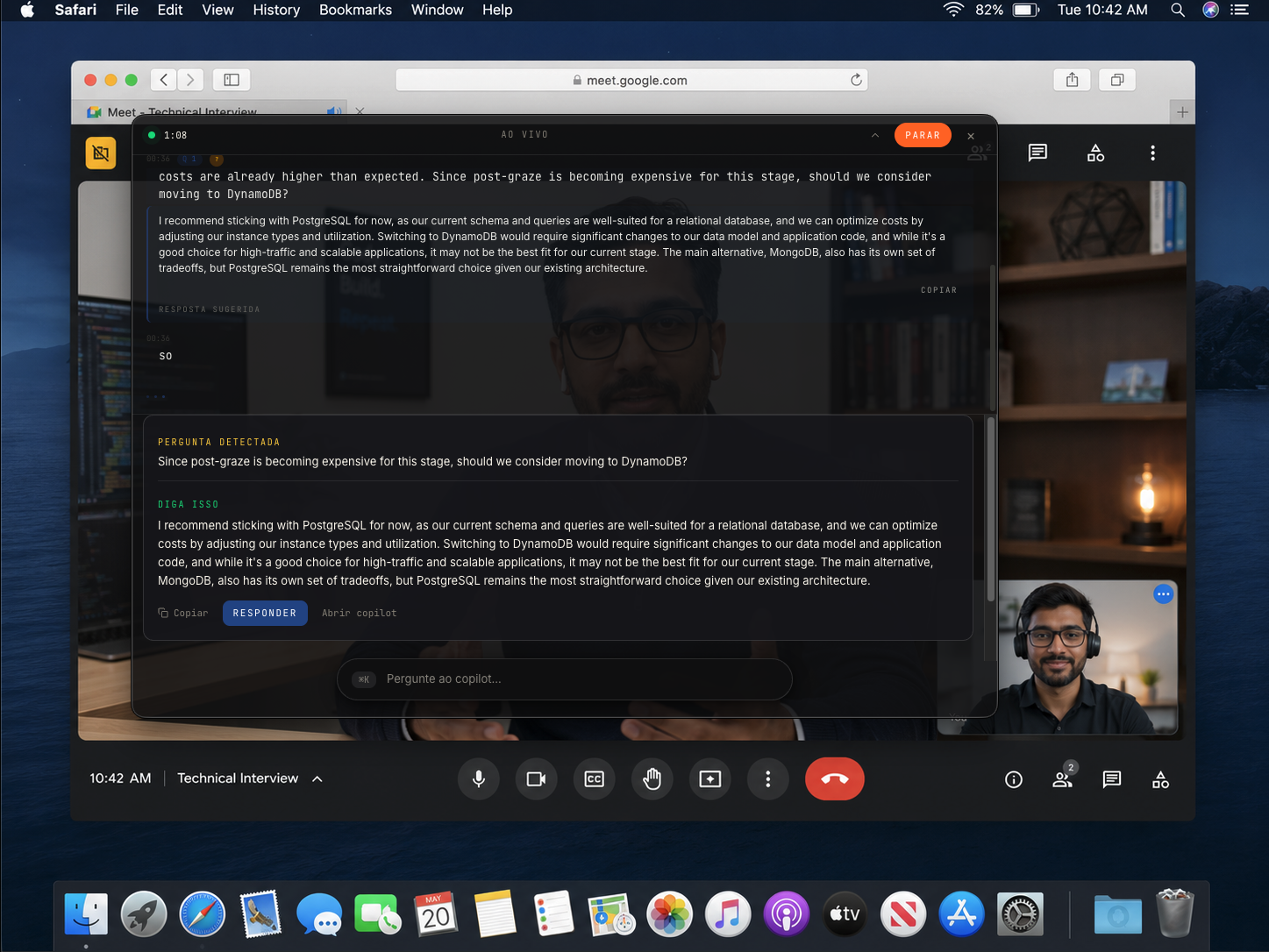 Painel ao vivo do Minuta sobre uma chamada do Google Meet, com pergunta detectada e resposta sugerida pelo copiloto.