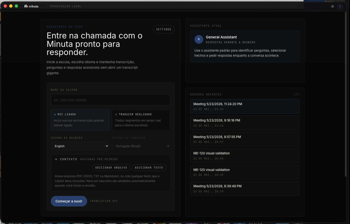 Tela inicial do Minuta para configurar sessão, idioma, tradução, microfone e contexto antes de começar a ouvir.