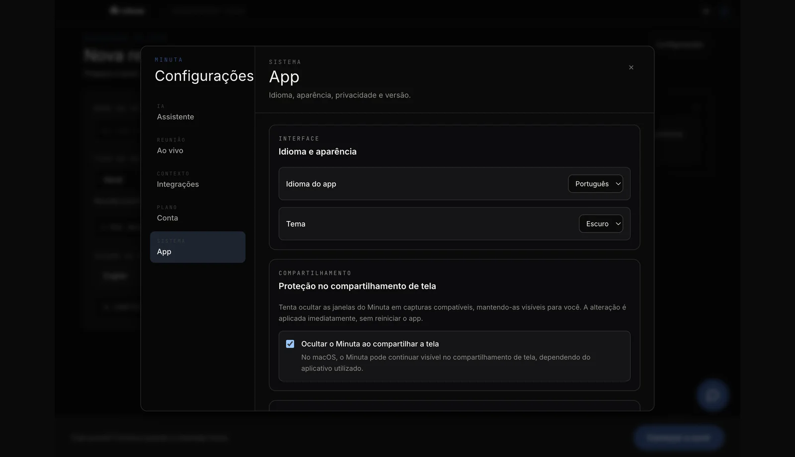 Screen-sharing protection setting in Minuta